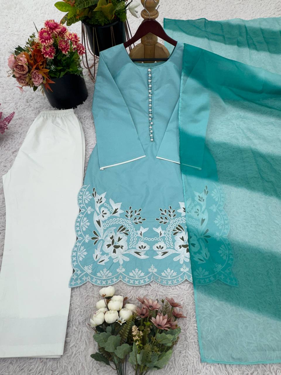 Reception Wear Sky Blue Color Heavy Georgette With Embroidery Work Palazzo Suit