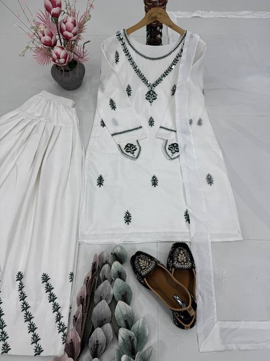 Beautiful White Color Heavy Natural Crepe Embroidered Top Palazzo With Dupatta Set