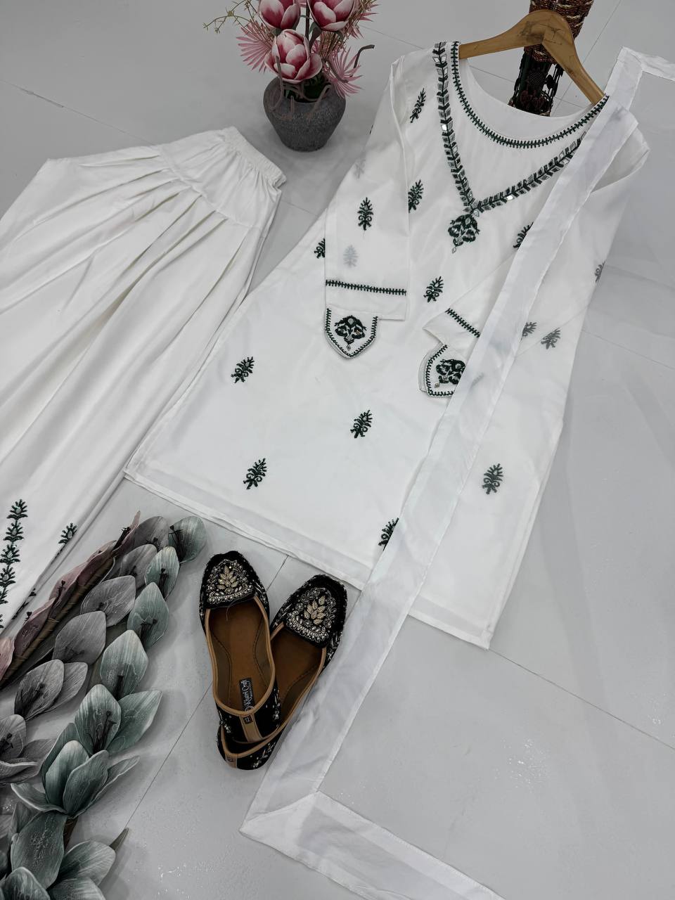 Beautiful White Color Heavy Natural Crepe Embroidered Top Palazzo With Dupatta Set