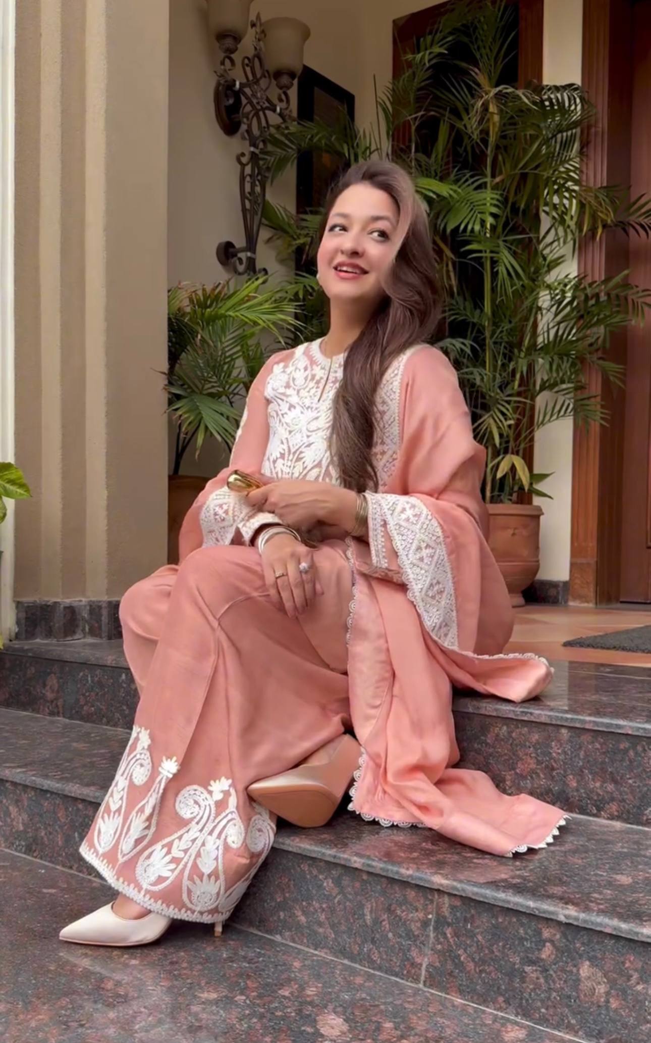 Designer Peach Color Embroidery Work Beautiful Palazzo Suit