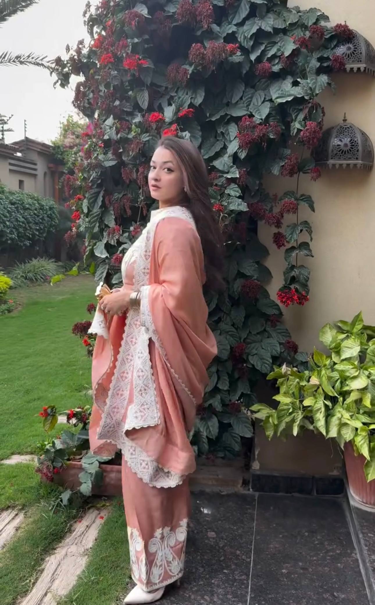 Designer Peach Color Embroidery Work Beautiful Palazzo Suit