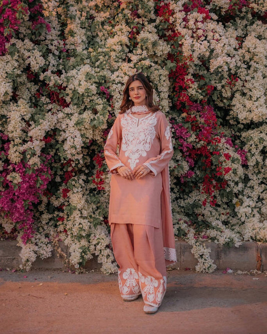 Designer Peach Color Embroidery Work Beautiful Palazzo Suit