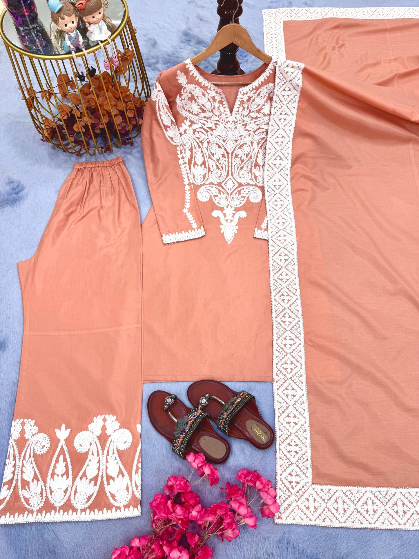 Designer Peach Color Embroidery Work Beautiful Palazzo Suit