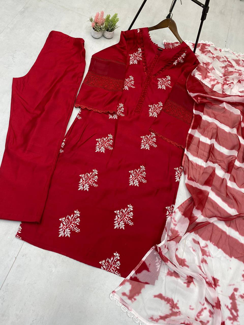 Function Wear Red Color Roman Silk With Embroidery Work Salwar Suit