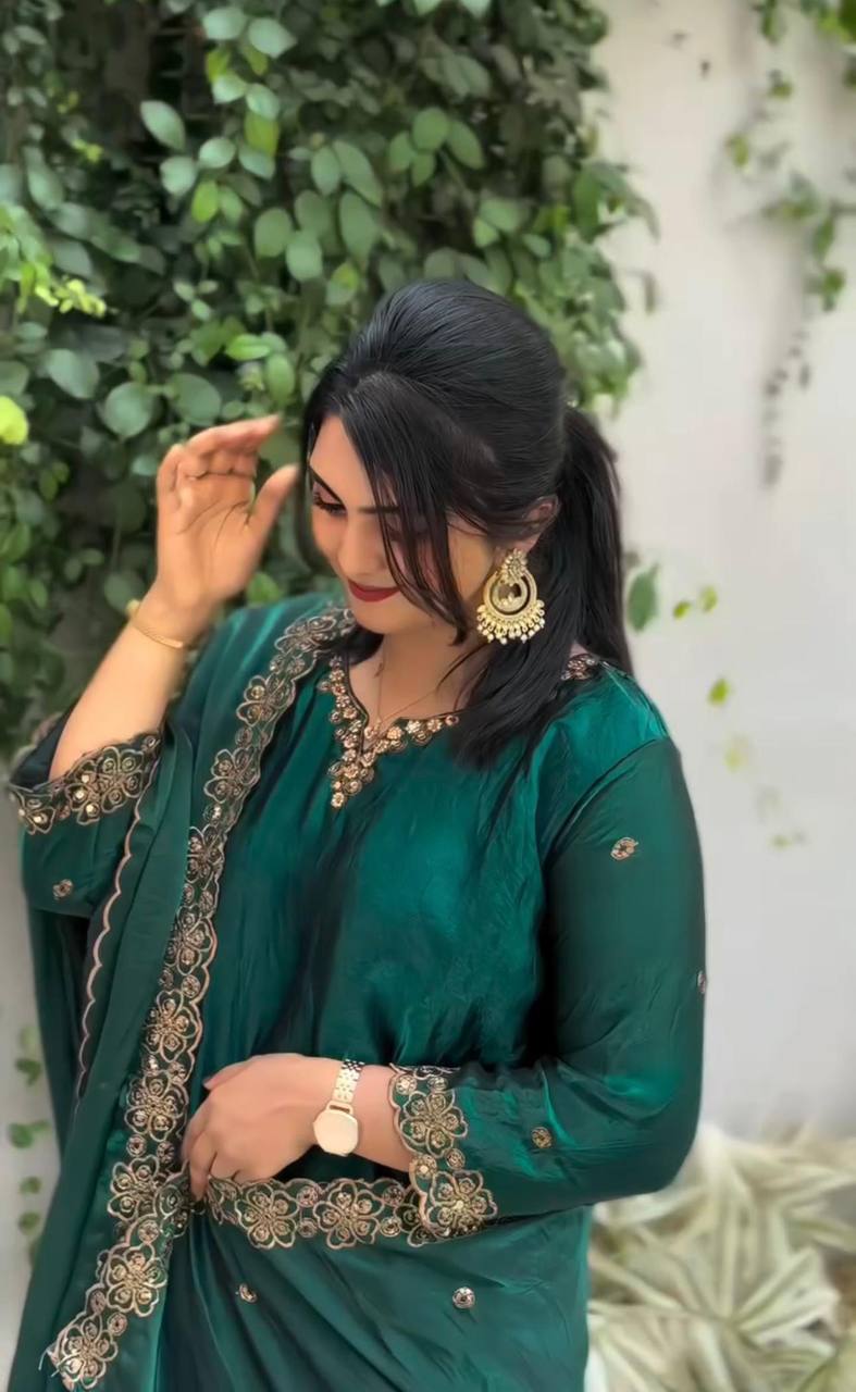 Festive Wear Green Color Pure Jimmy Choo Silk With Heavy Embroidery Sequence Work Palazzo Suit