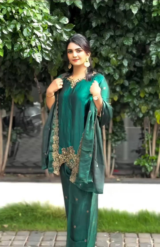 Festive Wear Green Color Pure Jimmy Choo Silk With Heavy Embroidery Sequence Work Palazzo Suit