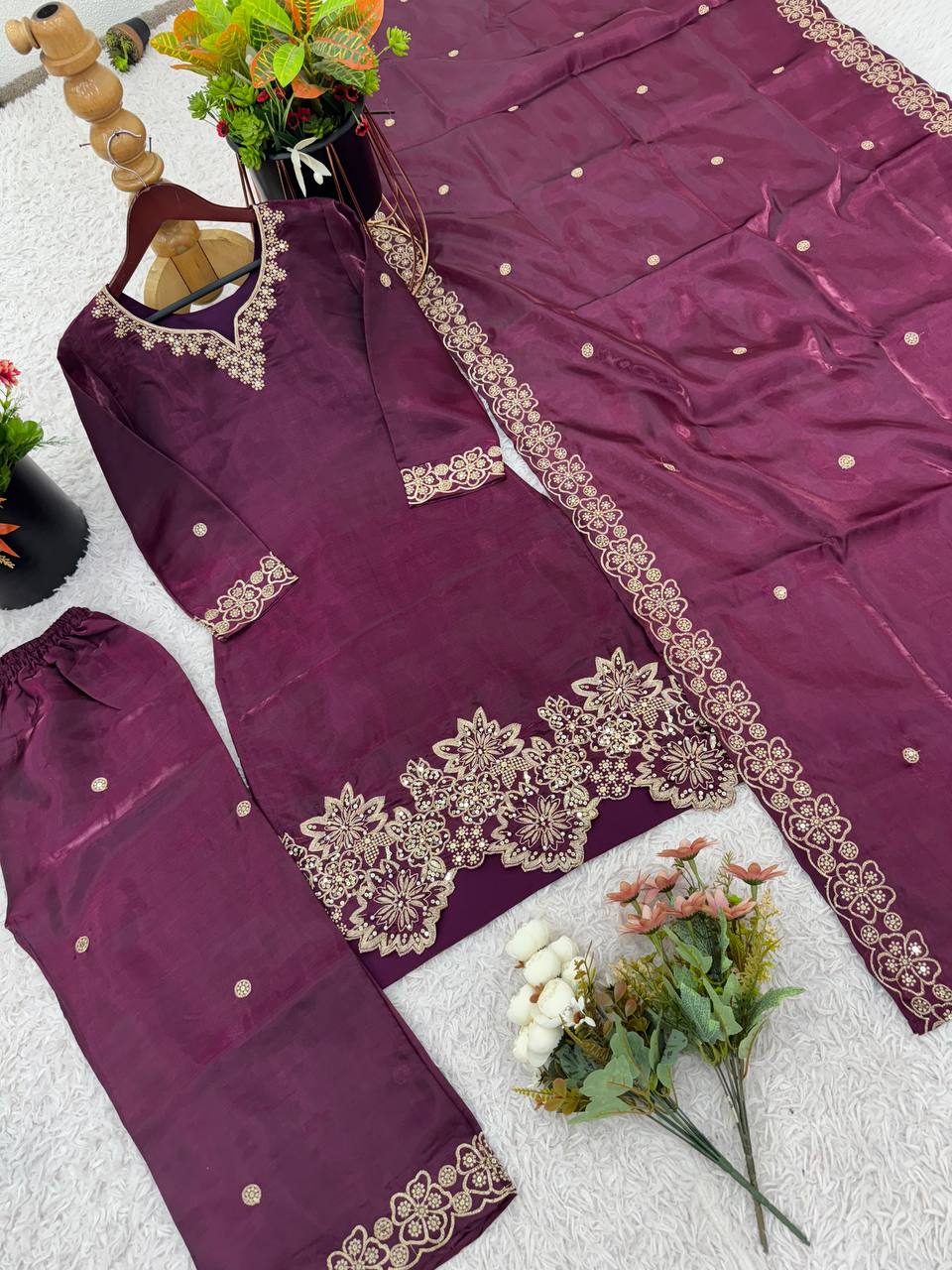 Wedding Wear Wine Color Pure Jimmy Choo Silk With Heavy Embroidery Sequence Work Palazzo Suit