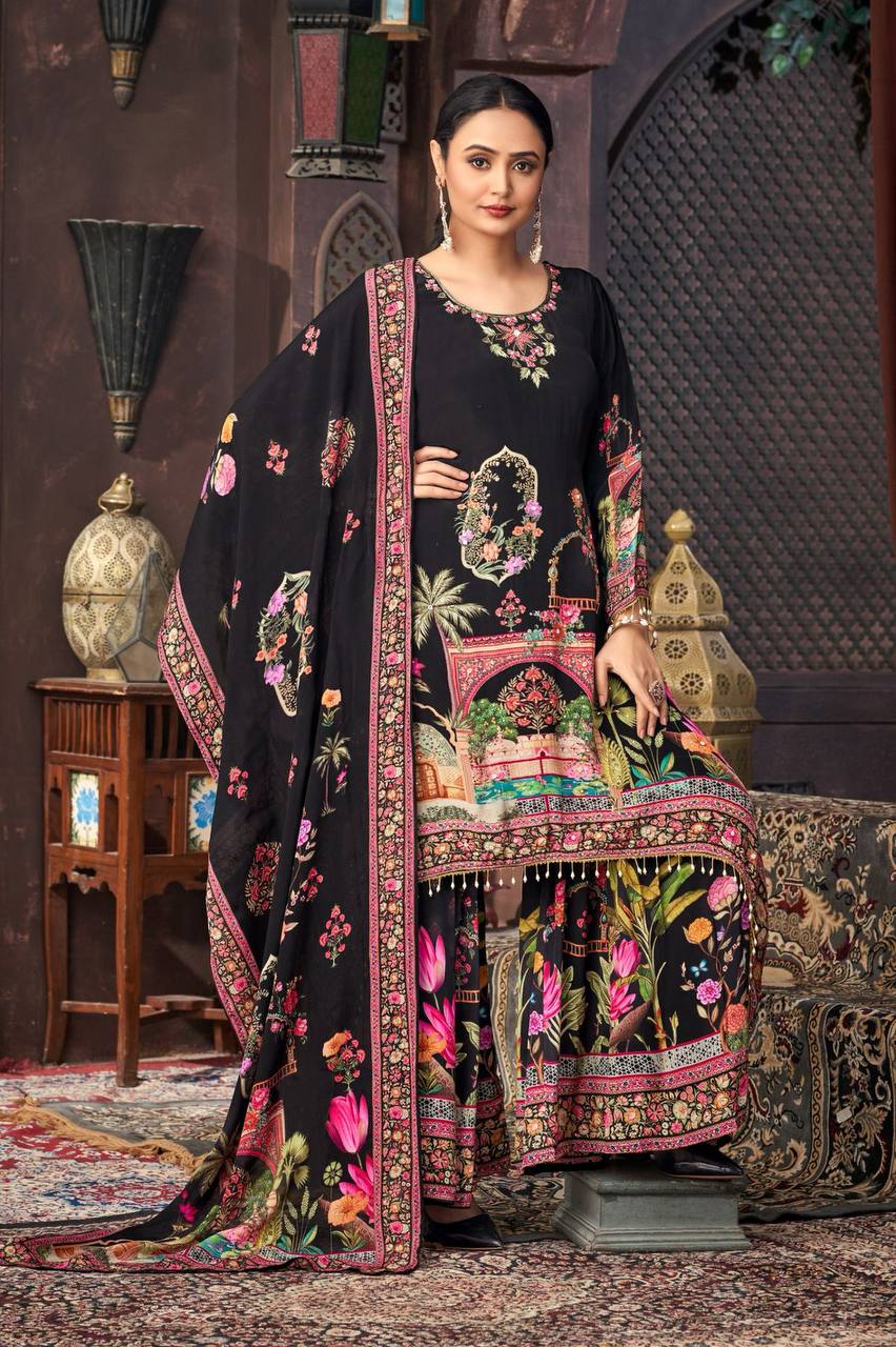 Wedding Wear Black Color Georgette Digital Printed With Real Mirror Work Palazzo Suit