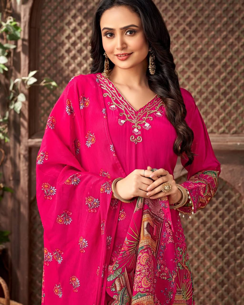 Party Wear Pink Color Digital Printed With Real Mirror Work Palazzo Suit