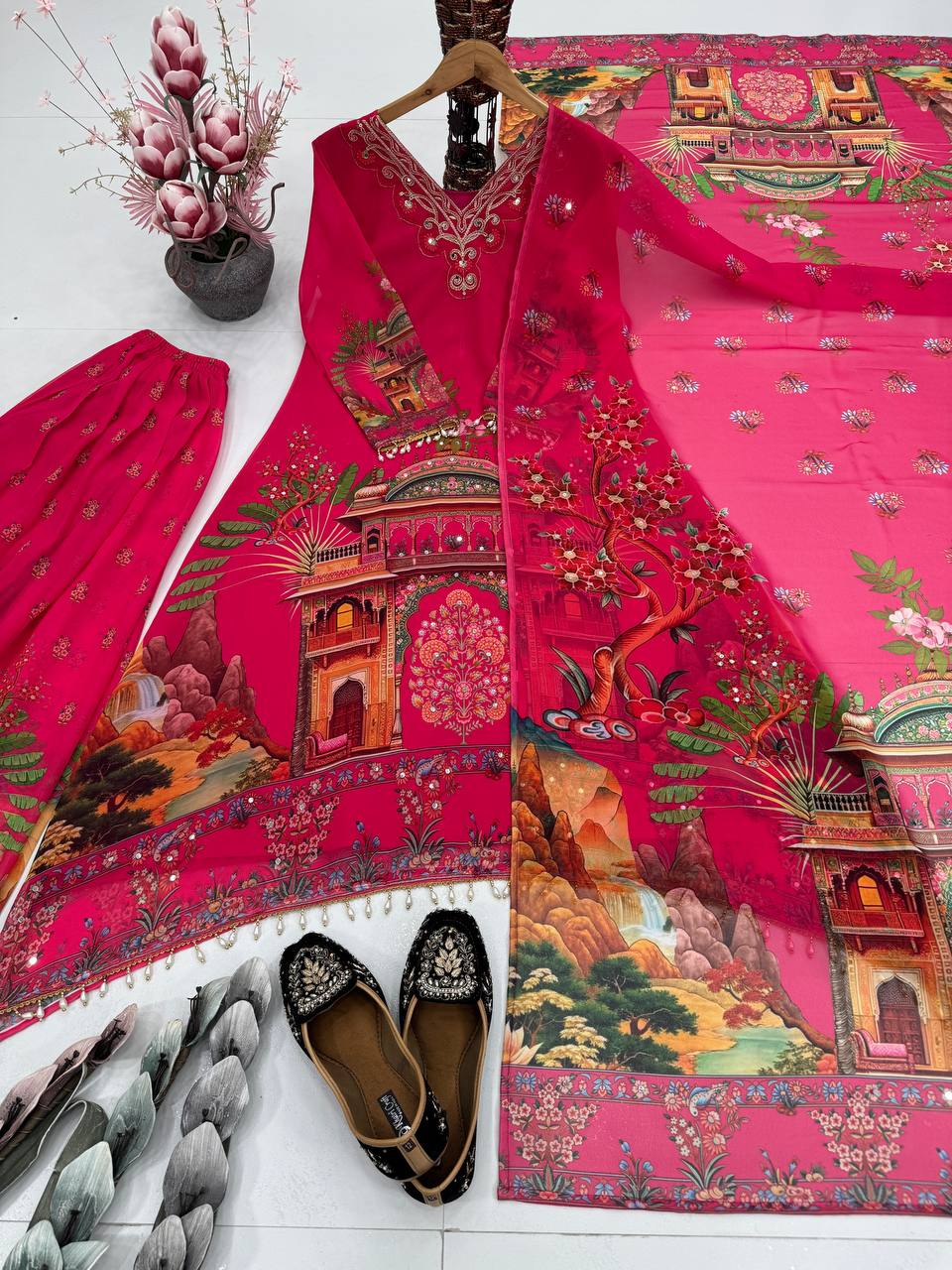 Party Wear Pink Color Digital Printed With Real Mirror Work Palazzo Suit