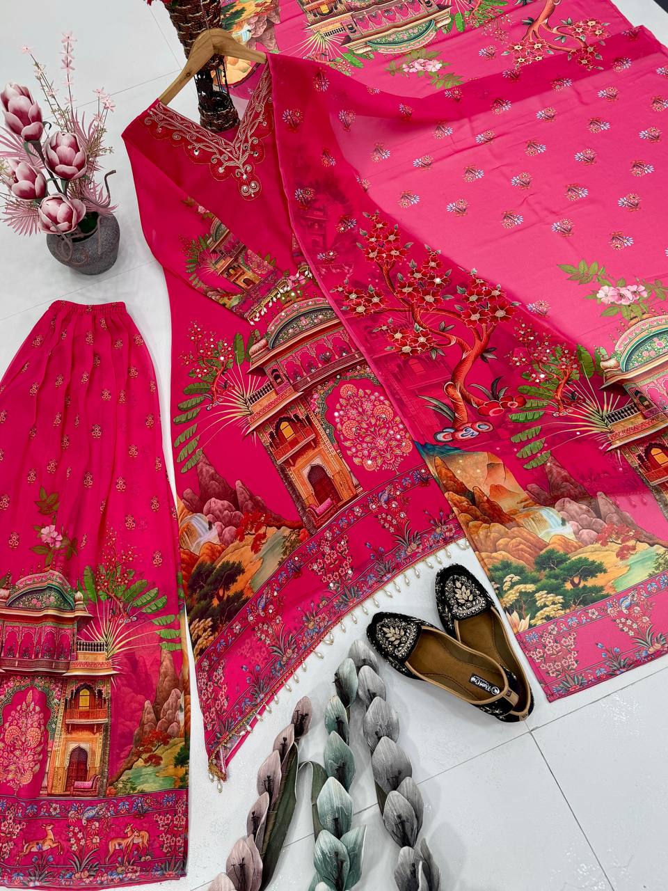 Party Wear Pink Color Digital Printed With Real Mirror Work Palazzo Suit