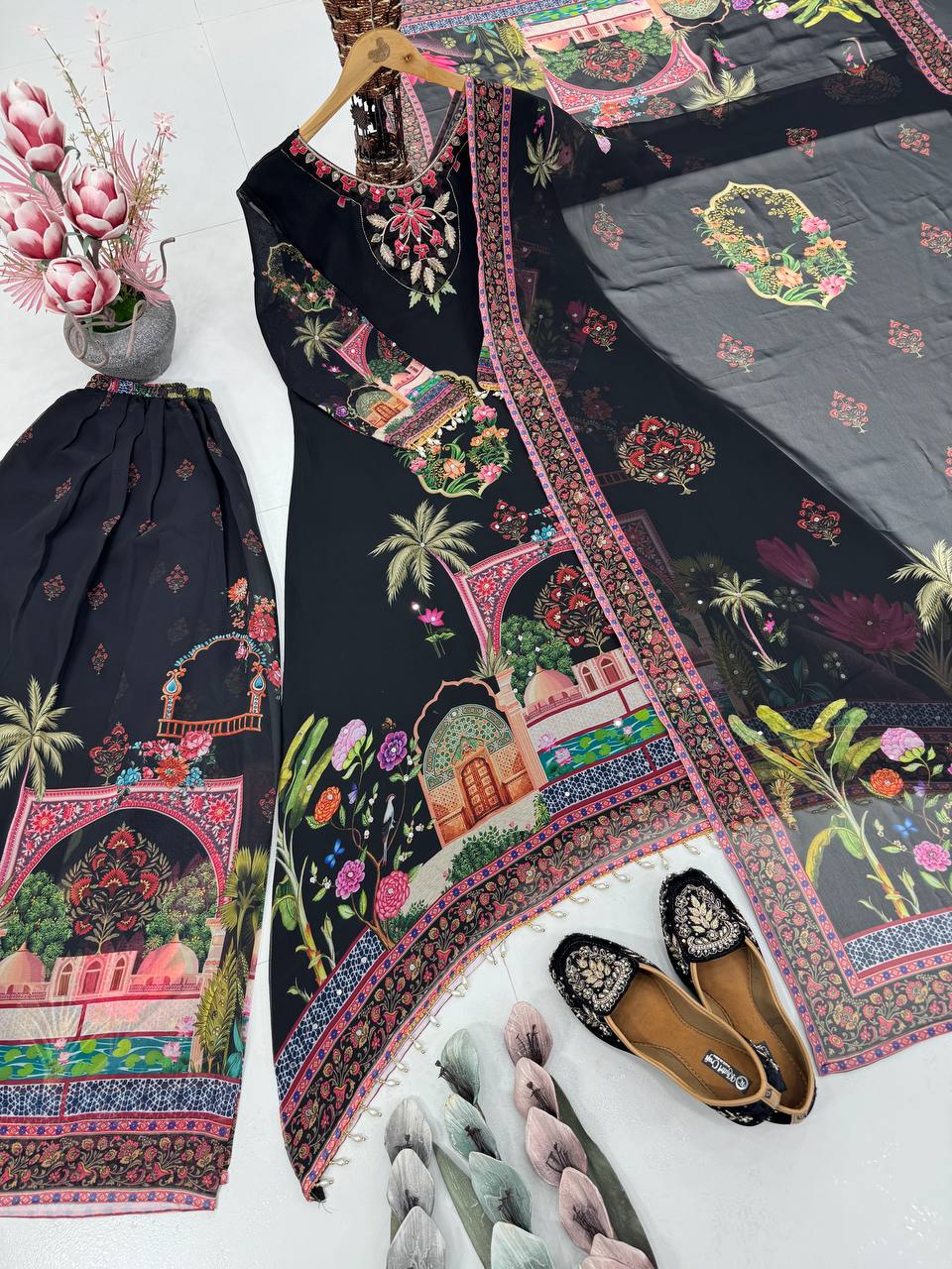 Wedding Wear Black Color Georgette Digital Printed With Real Mirror Work Palazzo Suit