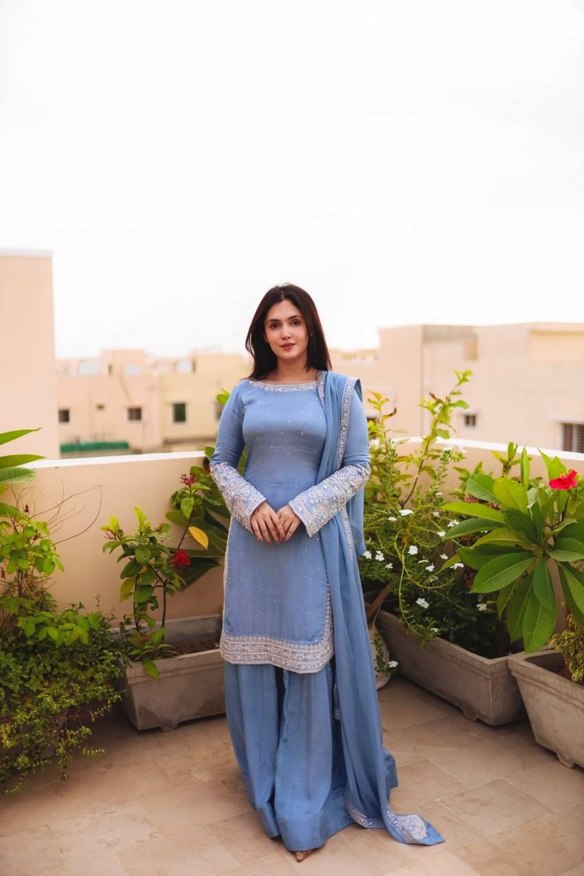 Wedding Wear Sky Blue Color Heavy Faux Georgette With 5mm Embroidery Sequin Work Palazzo Suit