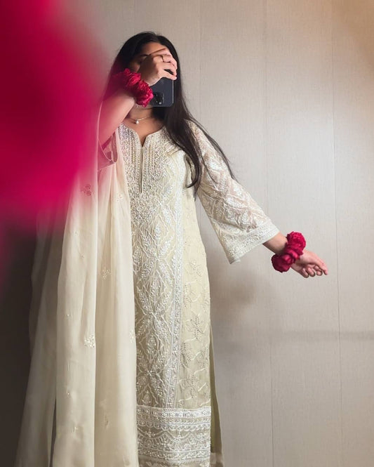 Festive Wear Off White Color Embroidery Sequin Work Salwar Suit