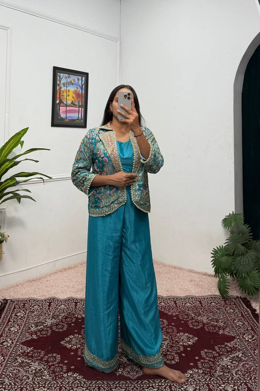 Luxuriant Teal Green Color Chinon With Full Embroidery With Moti Work Koti With Palazzo Set