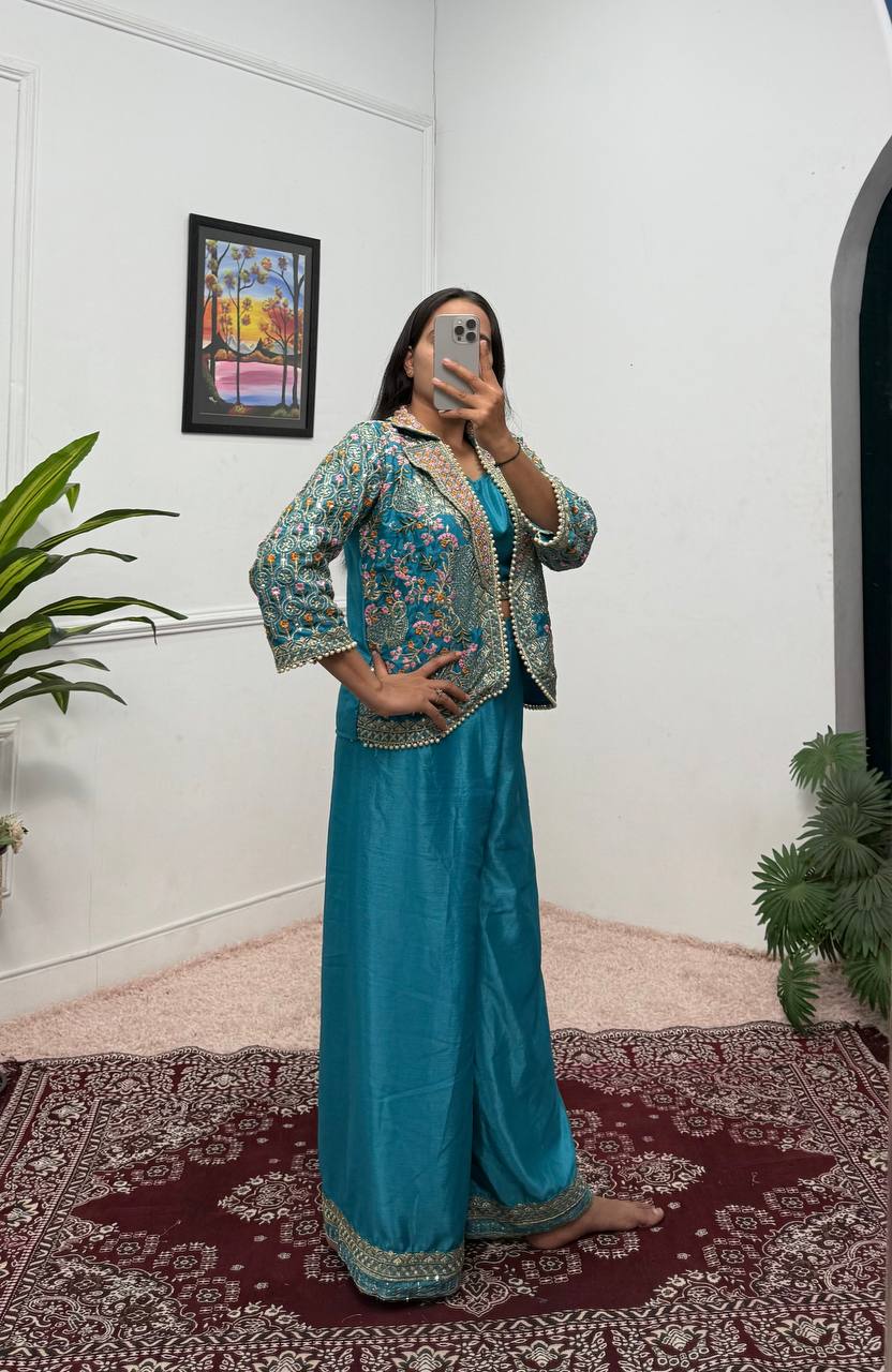 Luxuriant Teal Green Color Chinon With Full Embroidery With Moti Work Koti With Palazzo Set