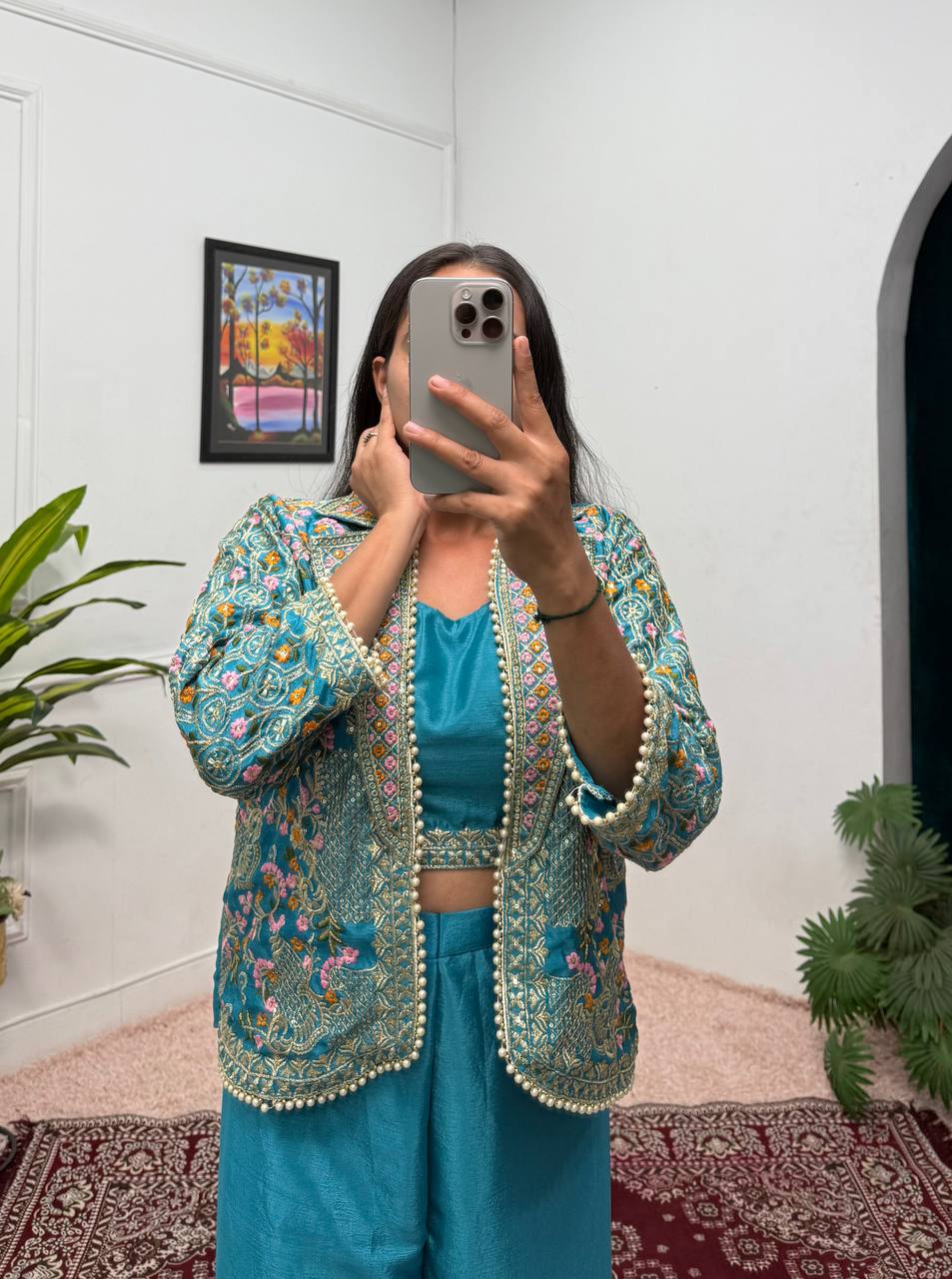 Luxuriant Teal Green Color Chinon With Full Embroidery With Moti Work Koti With Palazzo Set
