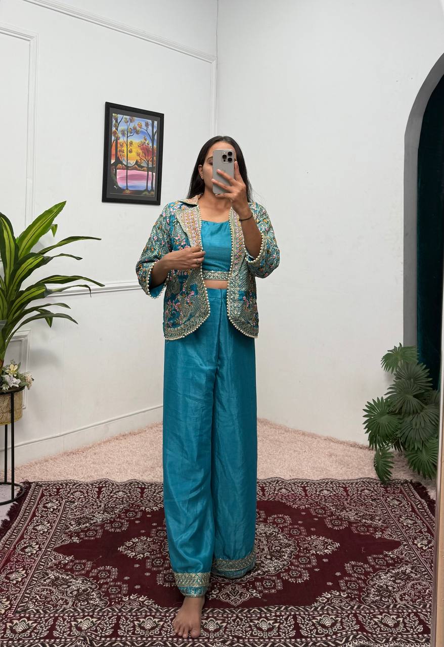 Luxuriant Teal Green Color Chinon With Full Embroidery With Moti Work Koti With Palazzo Set