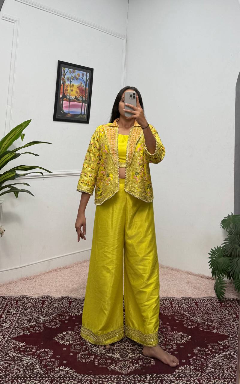 Luxuriant Yellow Color Chinon With Full Embroidery With Moti Work Koti With Palazzo Set