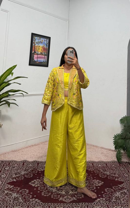 Luxuriant Yellow Color Chinon With Full Embroidery With Moti Work Koti With Palazzo Set