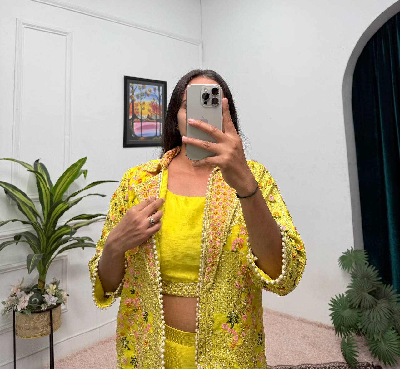Luxuriant Yellow Color Chinon With Full Embroidery With Moti Work Koti With Palazzo Set
