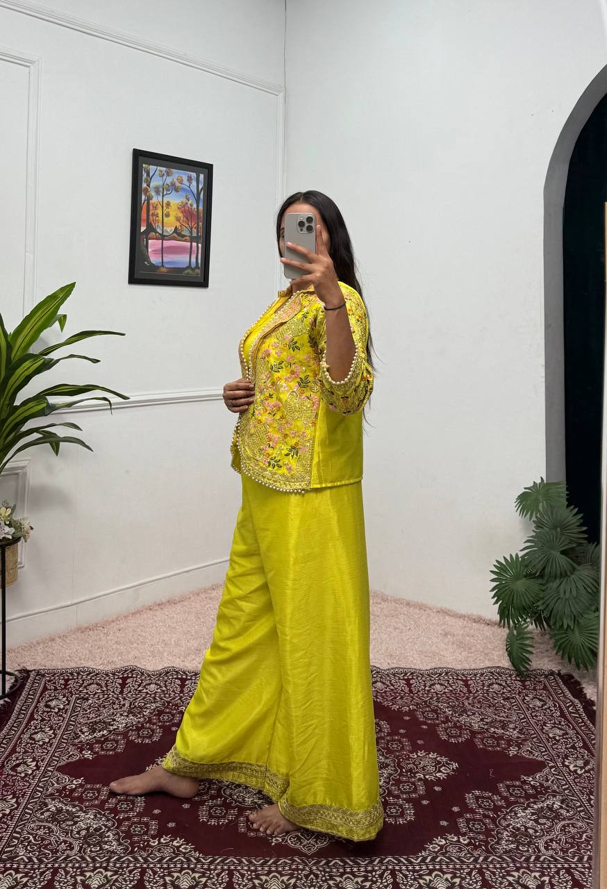 Luxuriant Yellow Color Chinon With Full Embroidery With Moti Work Koti With Palazzo Set