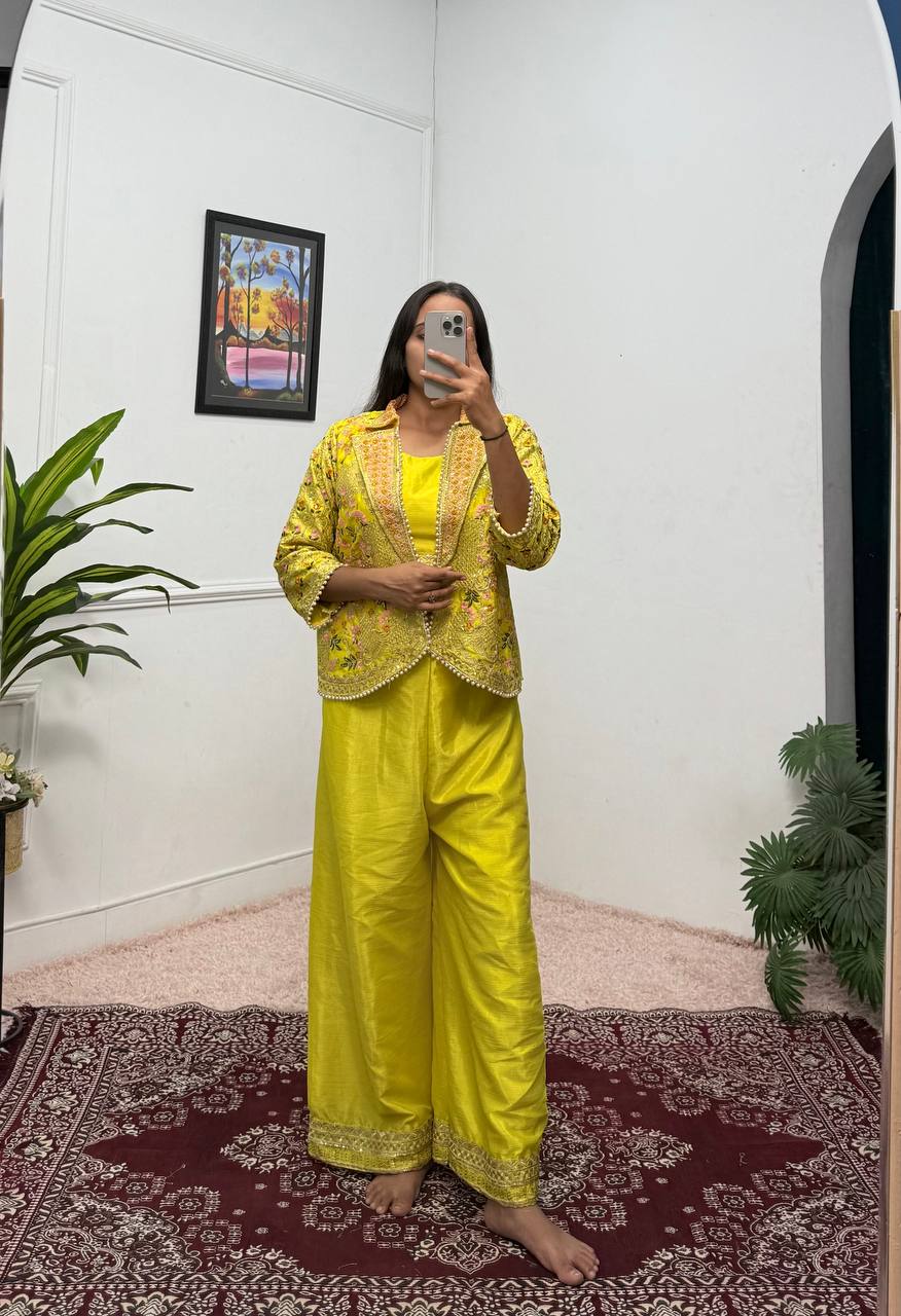 Luxuriant Yellow Color Chinon With Full Embroidery With Moti Work Koti With Palazzo Set