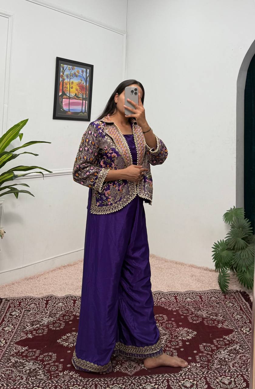 Luxuriant Blue Color Chinon With Full Embroidery With Moti Work Koti With Palazzo Set