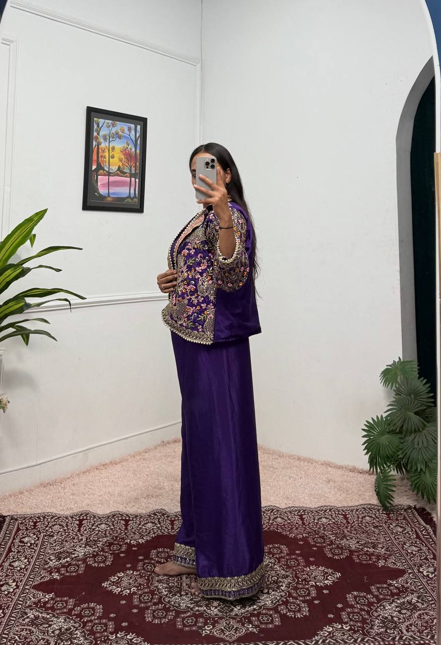 Luxuriant Blue Color Chinon With Full Embroidery With Moti Work Koti With Palazzo Set