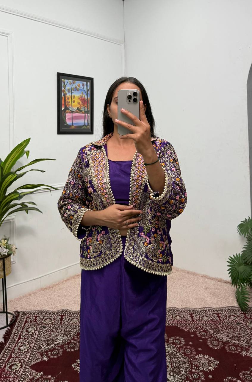Luxuriant Blue Color Chinon With Full Embroidery With Moti Work Koti With Palazzo Set