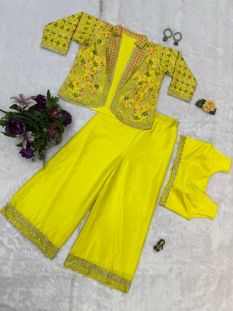 Luxuriant Yellow Color Chinon With Full Embroidery With Moti Work Koti With Palazzo Set