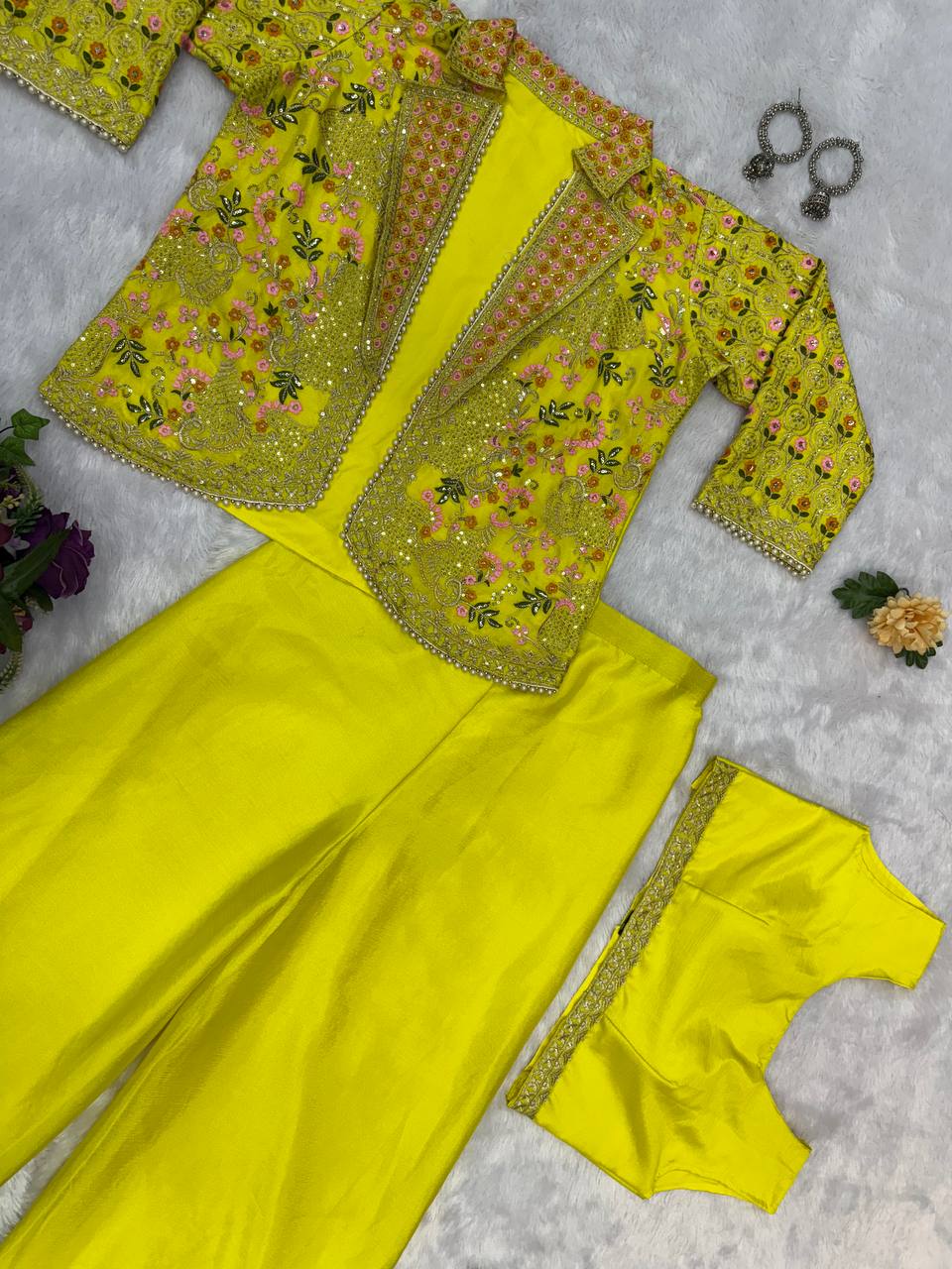Luxuriant Yellow Color Chinon With Full Embroidery With Moti Work Koti With Palazzo Set