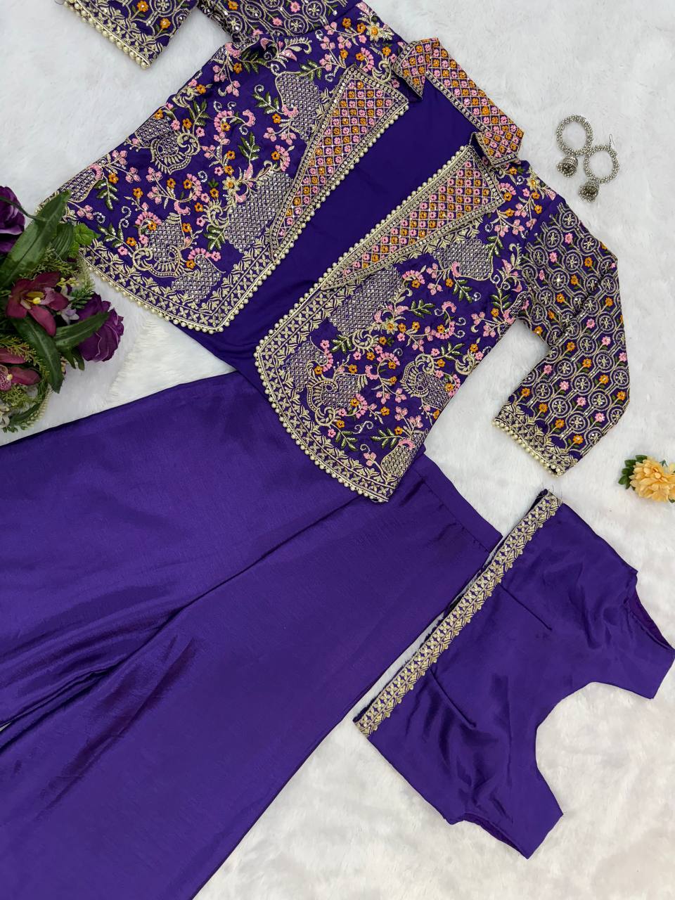 Luxuriant Blue Color Chinon With Full Embroidery With Moti Work Koti With Palazzo Set
