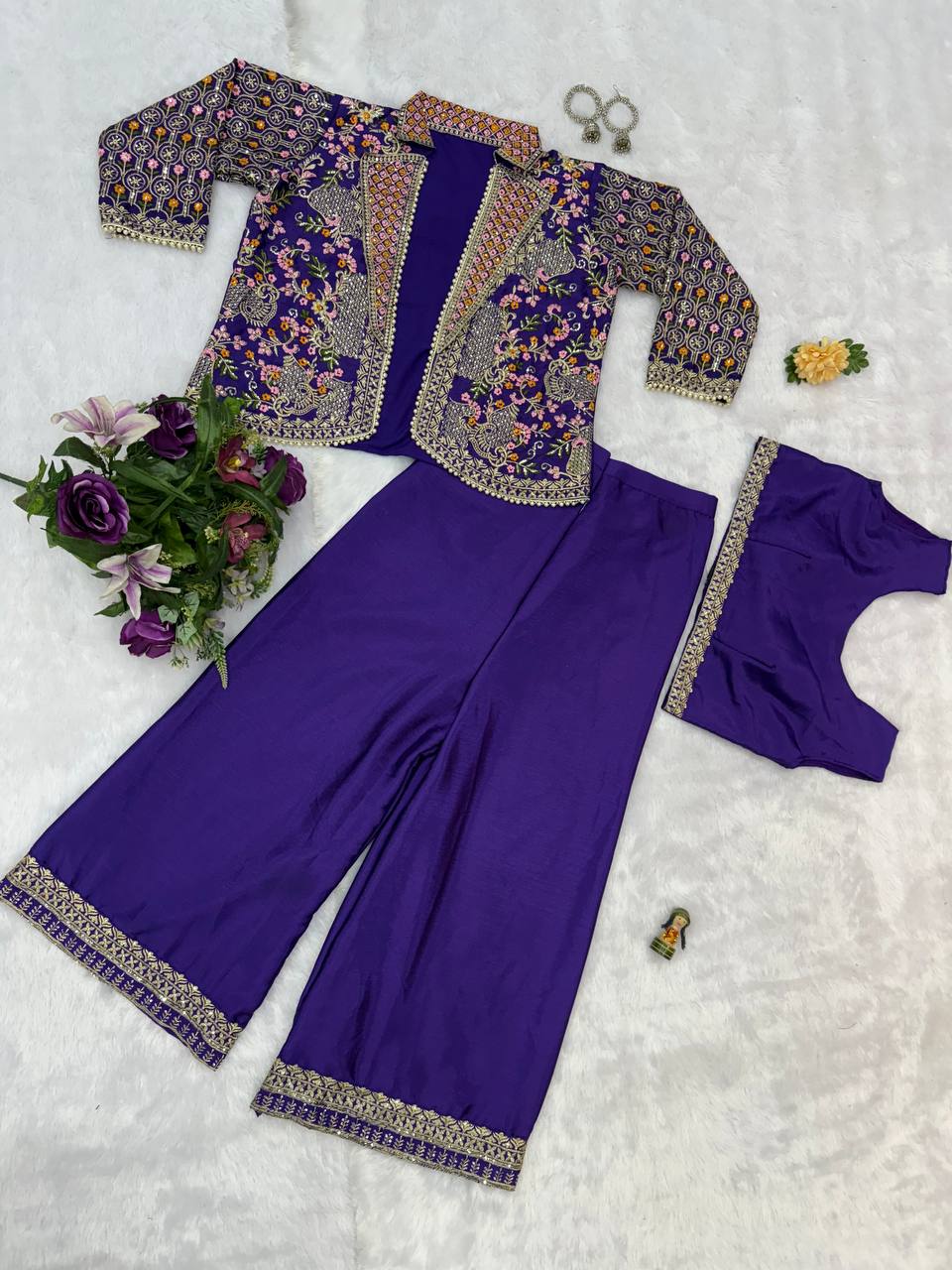 Luxuriant Blue Color Chinon With Full Embroidery With Moti Work Koti With Palazzo Set