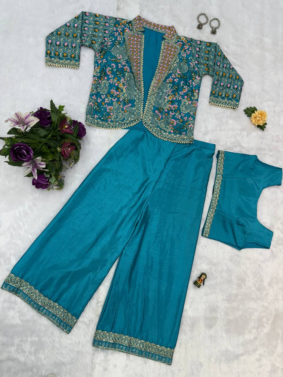 Luxuriant Teal Green Color Chinon With Full Embroidery With Moti Work Koti With Palazzo Set