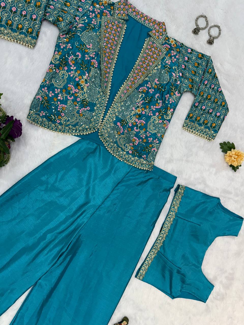 Luxuriant Teal Green Color Chinon With Full Embroidery With Moti Work Koti With Palazzo Set
