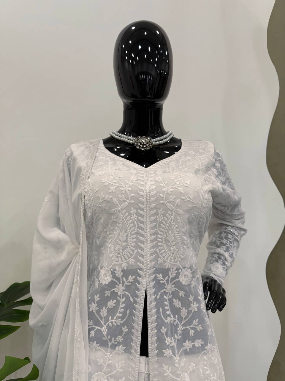Occasion Wear White Color Soft Faux Georgette WIth Beautiful Thread Embroidery Work Palazzo Suit