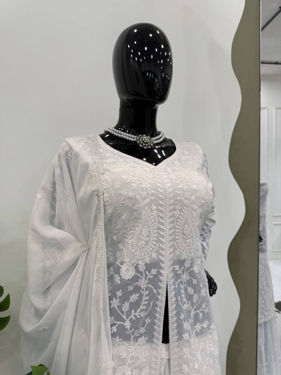 Occasion Wear White Color Soft Faux Georgette WIth Beautiful Thread Embroidery Work Palazzo Suit