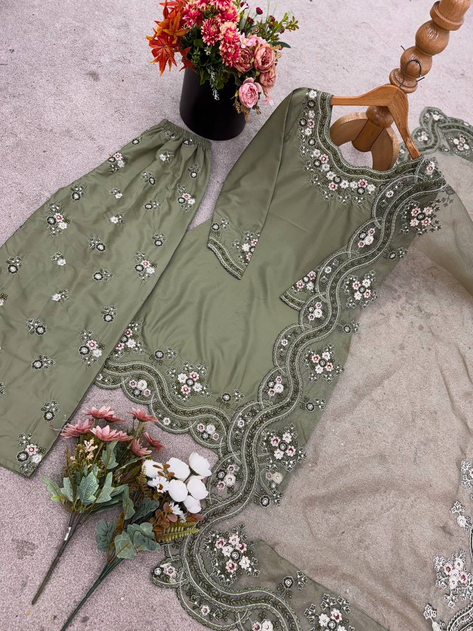 Function Wear Light Green Color Embroidery With Sequence Work Beautiful Palazzo Suit