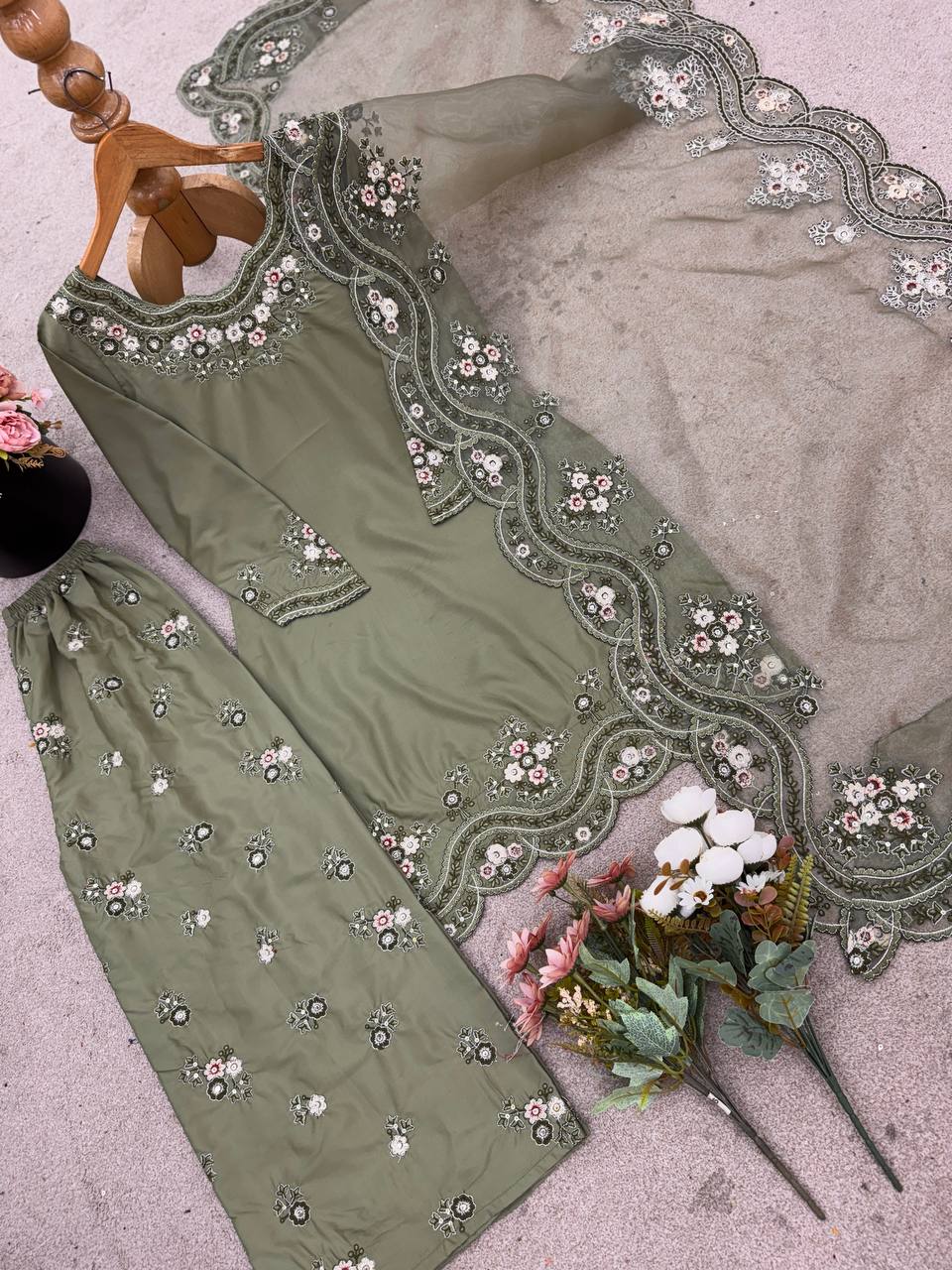 Function Wear Light Green Color Embroidery With Sequence Work Beautiful Palazzo Suit