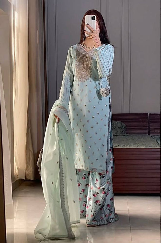 Beautiful Pista Color Embroidered Faux Georgette Suit with Printed Palazzo & Sequin Dupatta