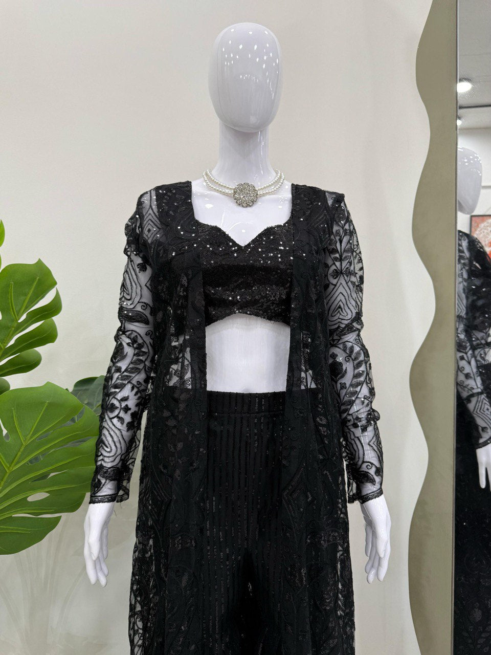 Wedding Wear Black Color Soft Butterfly Net And Thread With Sequence Palazzo Suit