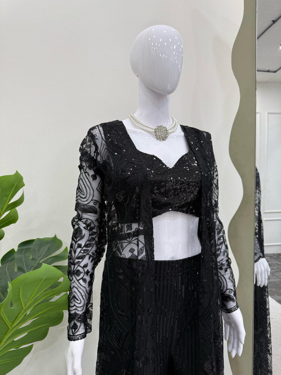 Wedding Wear Black Color Soft Butterfly Net And Thread With Sequence Palazzo Suit