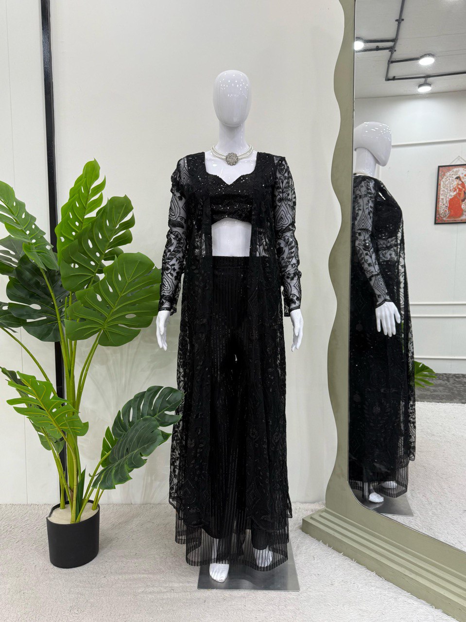 Wedding Wear Black Color Soft Butterfly Net And Thread With Sequence Palazzo Suit