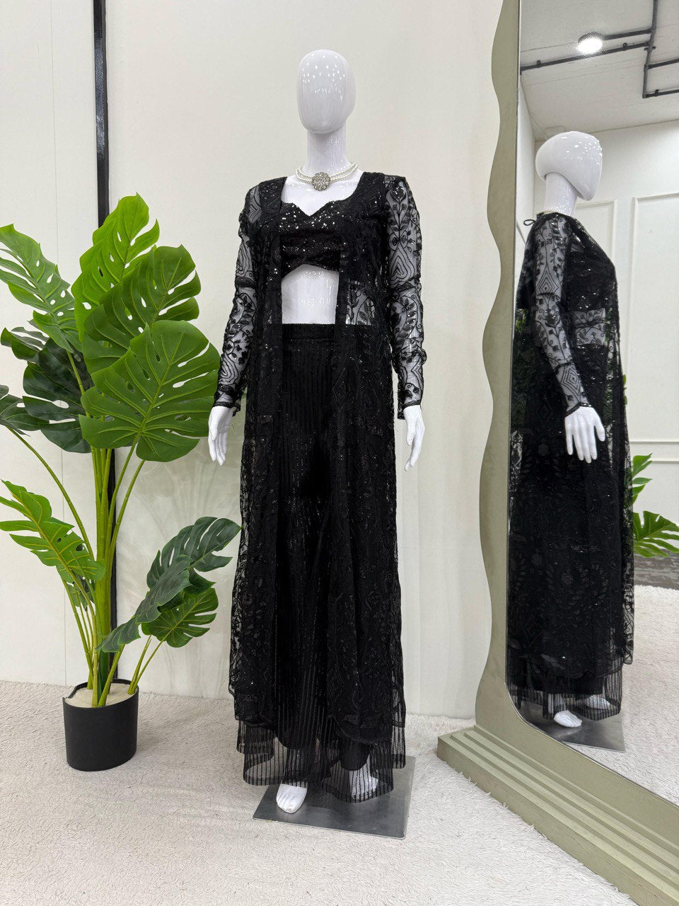 Wedding Wear Black Color Soft Butterfly Net And Thread With Sequence Palazzo Suit