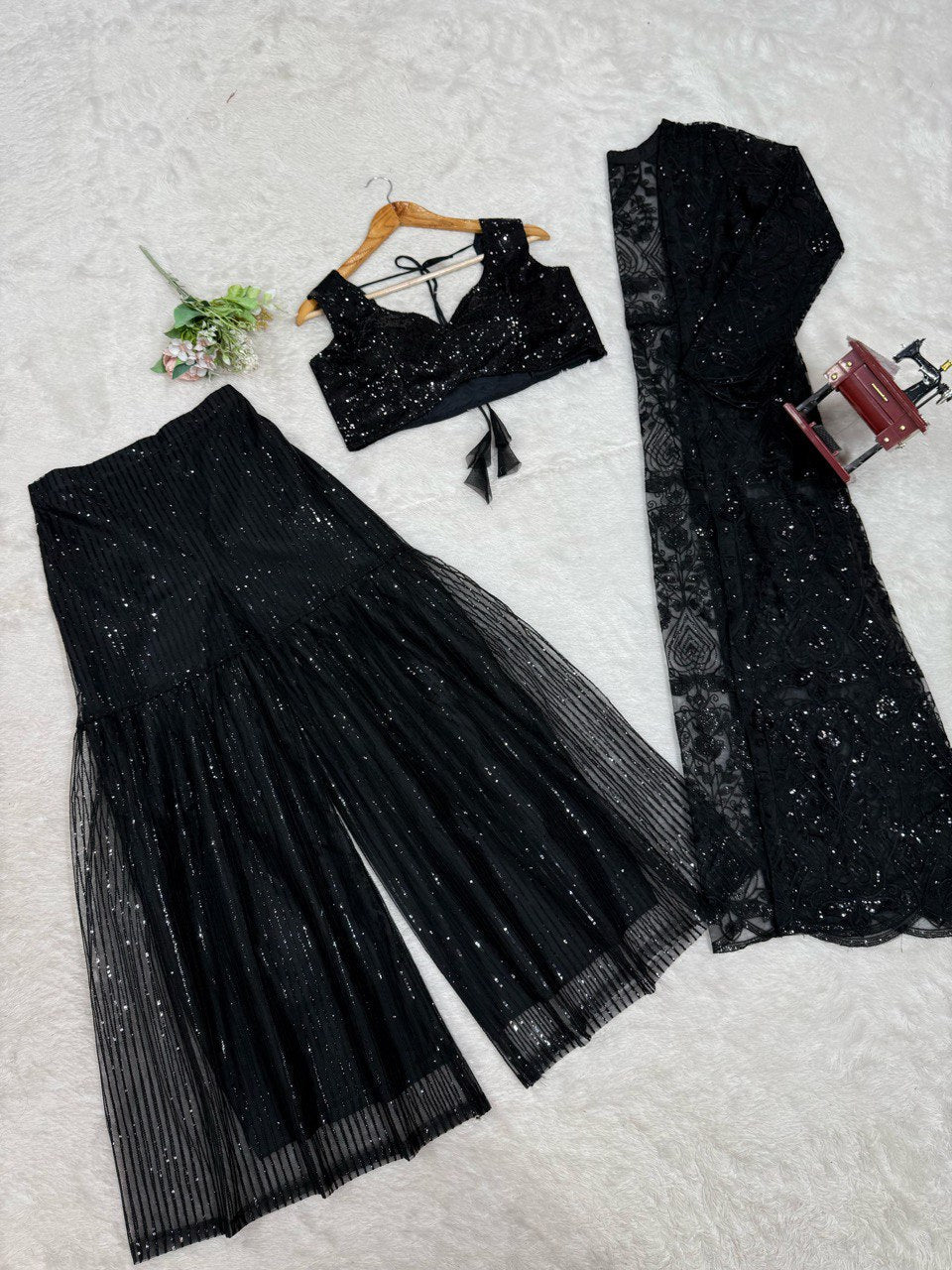 Wedding Wear Black Color Soft Butterfly Net And Thread With Sequence Palazzo Suit