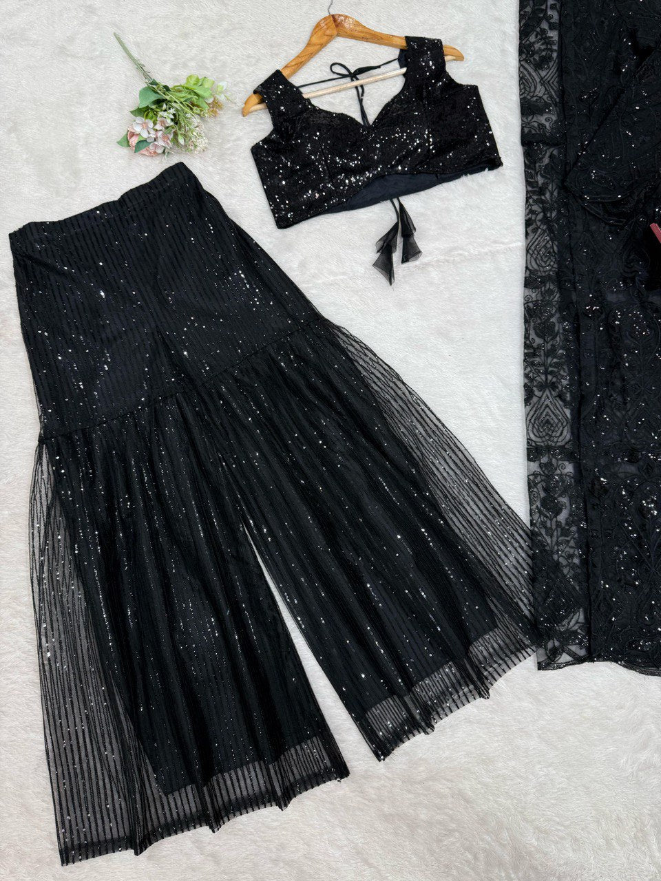 Wedding Wear Black Color Soft Butterfly Net And Thread With Sequence Palazzo Suit