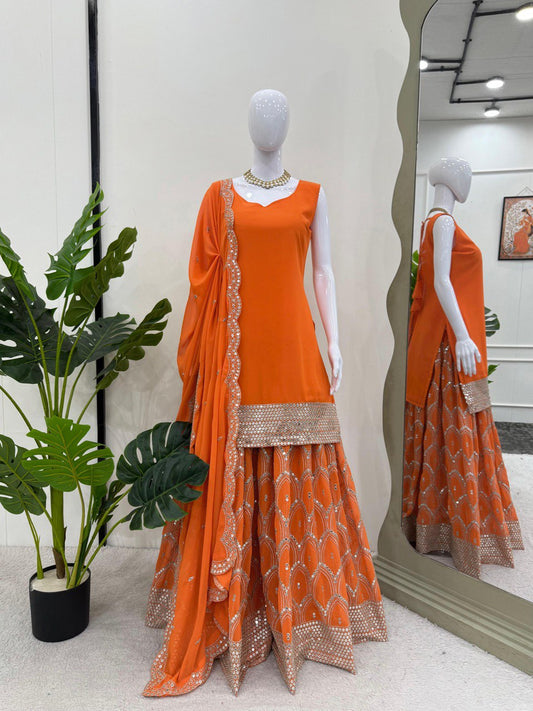 Gorgeous Orange Color Faux Georgette And Thread With 9mm Sequence Work Palazzo Suit