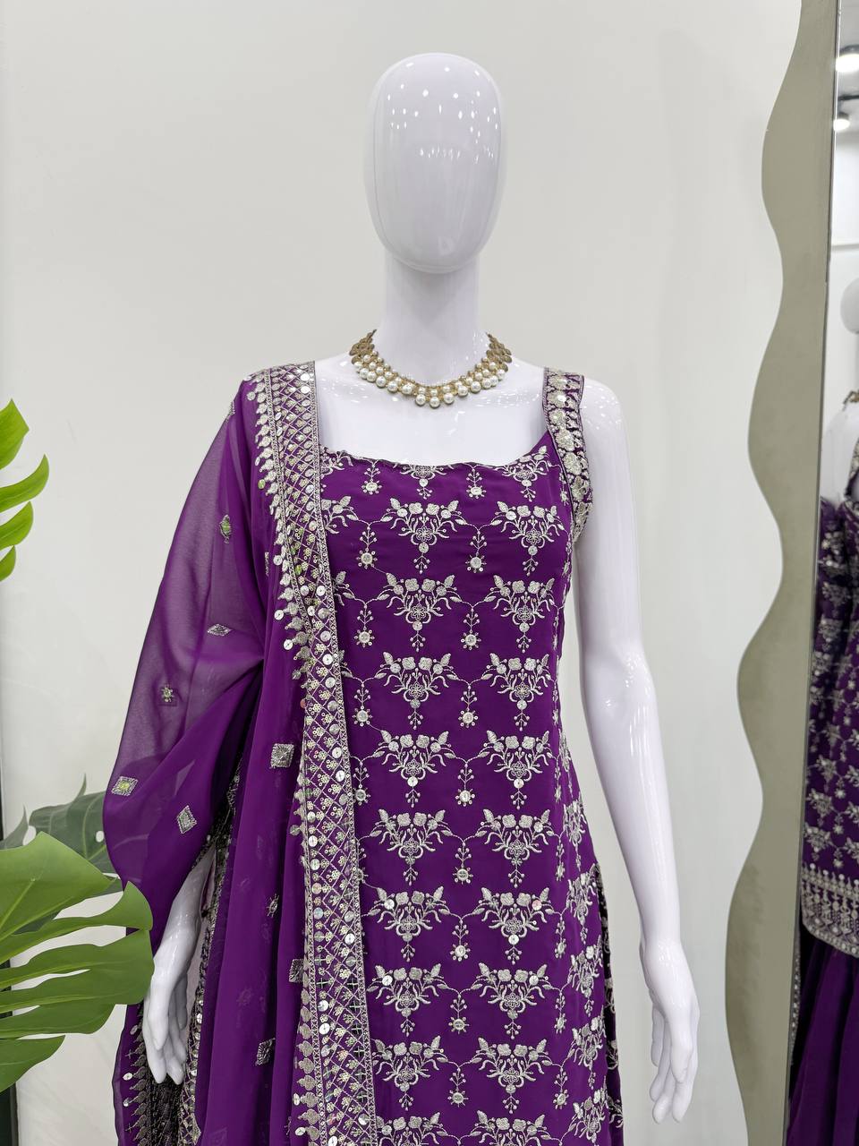 Party Wear Purple Color Soft Faux Georgette Thread Embroidery With Sequins Work Sharara Suit