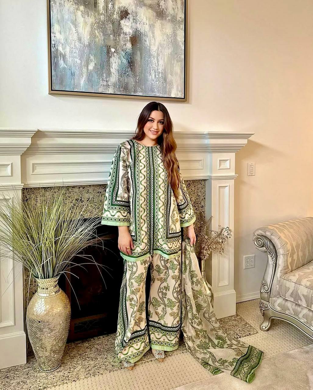 Sangeet Wear Wear Green Color Pure Natural Crepe Matching Digital Printed Co-ord Palazzo Suit Set